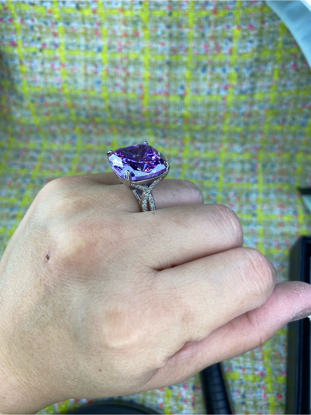 A great Amethyst Cushion-Cut Halo Ring in Purple -open size 5 to 13